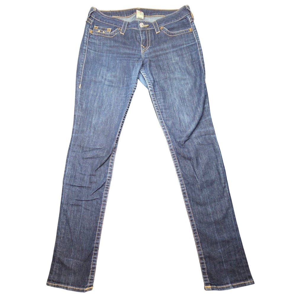 True Religion Jeans Womens 32 Slim Medium Wash Horseshoe Stitch Y2K Denim